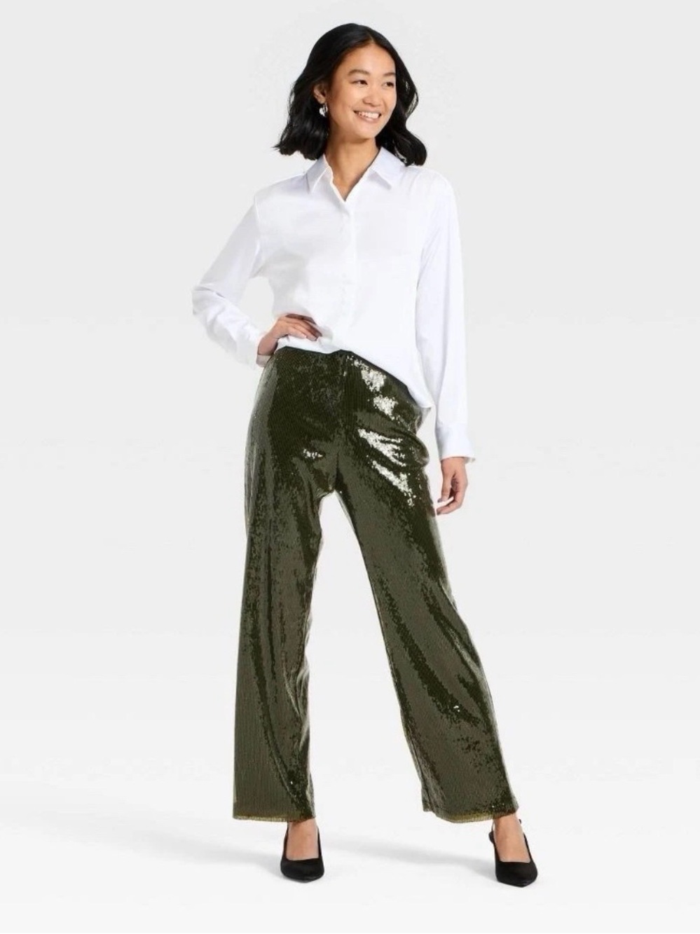 a new day Olive Green Sequin Boot-Cut Pants b215ep